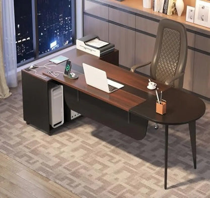 70.9'' Executive Desk with Power Outlet & Drawer Cabinet, Large L-Shaped Home Office w/ Storage Shelves, Modern Computer Desk