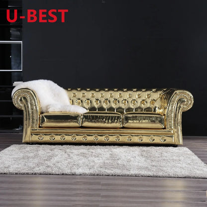 U-BEST French Luxurious 3 Set Living Room Chesterfield Sofa Classic Living Room Accent Sofa 3 Seater Golden Color Sofa