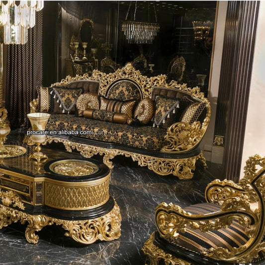 Luxury Antique Traditional Black Gold African Classical Baroque Royal Hand Carved Sofa Set Living Room Furniture Set