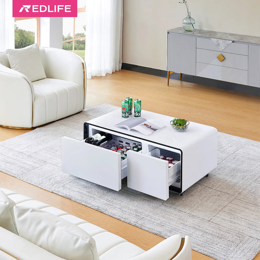 REDLIFE Smart Table Fridge Multifunctional Coffee Table with Wireless Charging and Two Cooler and Frozen Drawers for Living Room