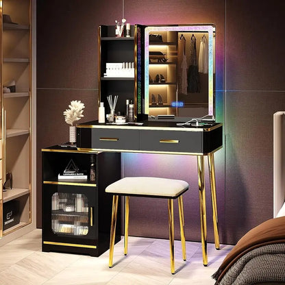 Makeup Vanity with Mirror: Makeup Desk - Dressing Table With Drawers - Vanity Set with RGB LED Lights&Wireless Charging Station