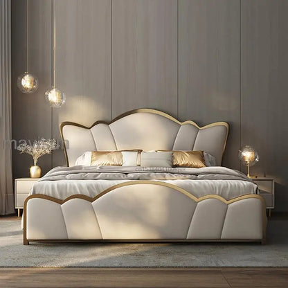 Simplicity Bedroom Set Furniture Italian Leather Wooden Frames Stable Skeleton Large Storage Soft Mattress Modern King Size Bed