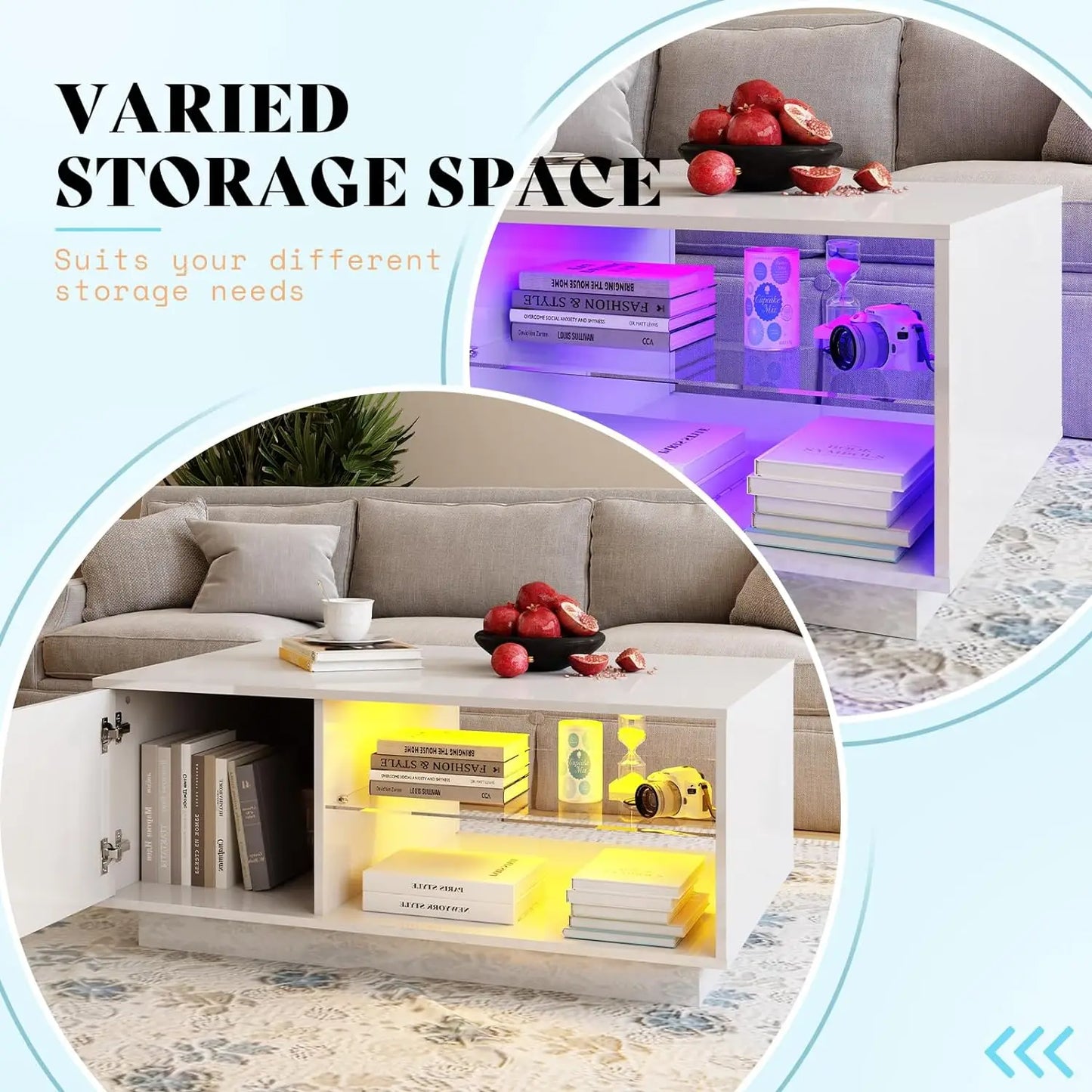 2PCS Living Room Table Sets, Fireplace TV Stand, Coffee Table with Glass Shelves, LED Lights Entertainment Center Sets