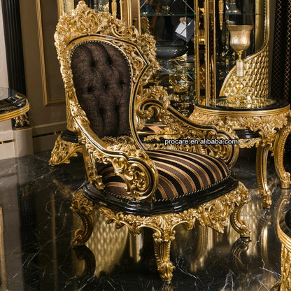 Luxury Antique Traditional Black Gold African Classical Baroque Royal Hand Carved Sofa Set Living Room Furniture Set