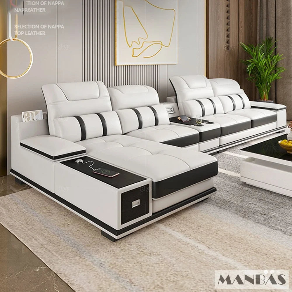 Modern Genuine Leather Sofa Living Room By MANBAS - Stylish Italian Couch with Bluetooth Speaker, USB & Adjustable Headrests