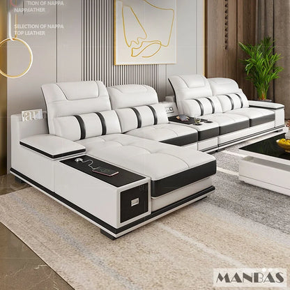 Modern Genuine Leather Sofa Living Room By MANBAS - Stylish Italian Couch with Bluetooth Speaker, USB & Adjustable Headrests