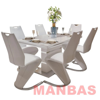 Linlamlim White Paint Stainless Steel Dining Table and 6 Chairs Mesas De Comedor for Dining room Mordern Home Kitchen Furniture