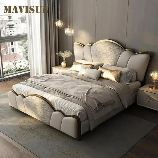 Simplicity Bedroom Set Furniture Italian Leather Wooden Frames Stable Skeleton Large Storage Soft Mattress Modern King Size Bed