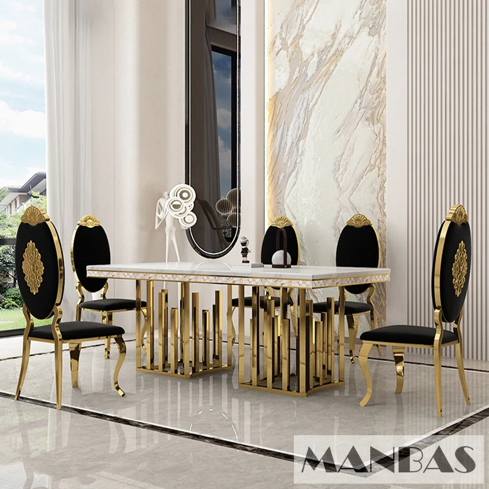 Luxury Dining Room Set: 8 MINGDIBAO Stainless Steel Genuine Leather Chairs, and Rectangle Table Made In Marble and Sea Shell