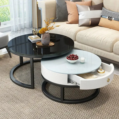 Nordic 2pcs Living Room White Coffee Tables Marble Texture Tea Table Furniture Round Durable Table Basse Muebles Tempered Glass