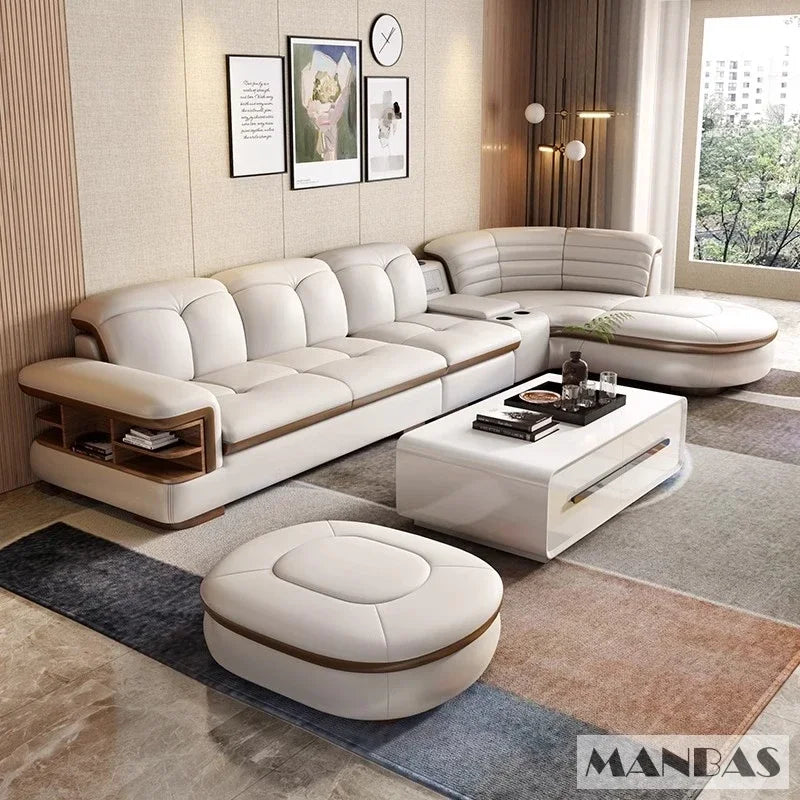 Luxury L-Shaped Genuine Leather Sectional Sofa Sets with USB, Bluetooth Speaker - Linlamlim Living Room Italian Leather Couches