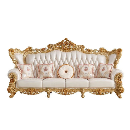 European leather sofa combination living room cowhide sofa large solid wood carved gold