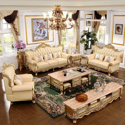 19 piece setEuropean luxury Carved With Gold Color solid wood carved sofa French Royal living room furniture wooden sofa set