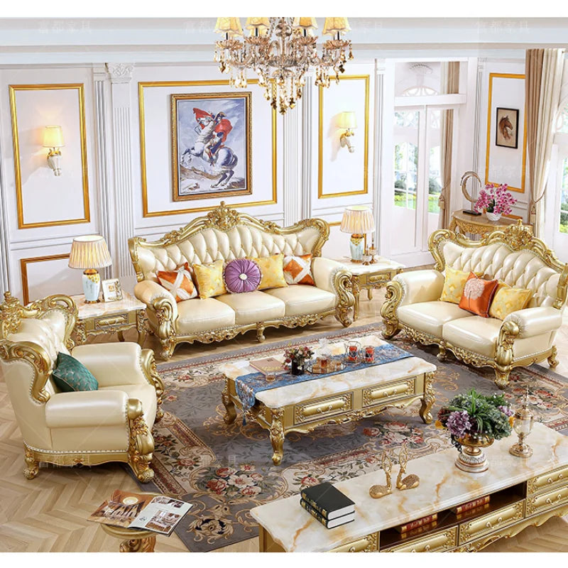 European Style Solid Wood Leather Sofa 123 Combination Living Room Luxury Size Household Champagne Gold Upscale Furniture Set