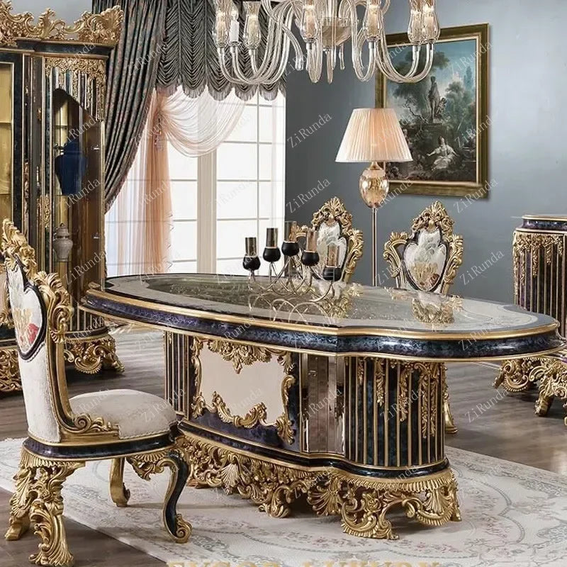 ~Custom-made French court solid wood dining tables and chairs oval wood carved gold foil craft luxury furniture