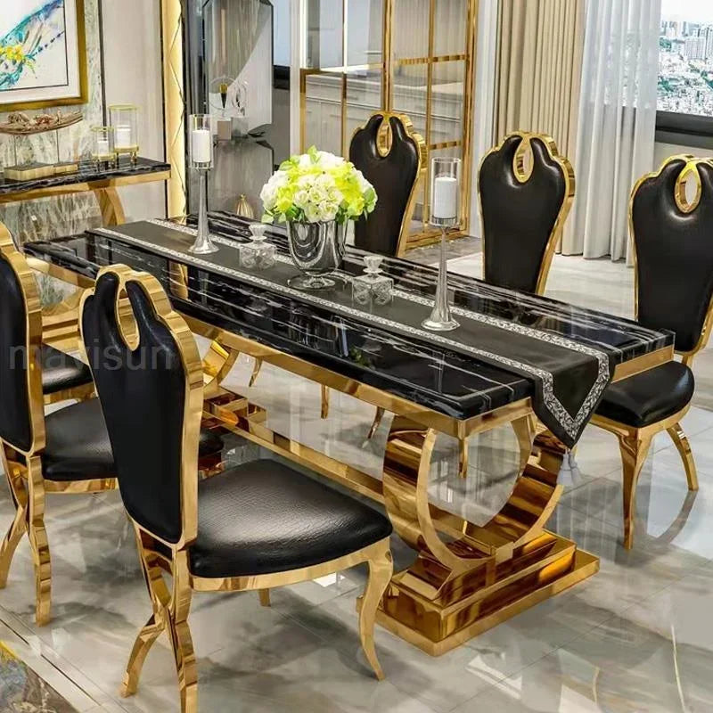 Golden Luxury Kitchen Table Marble Modern Rectangle Stable Gold Plated Stainless Steel Frame Dining Table Chairs Combination