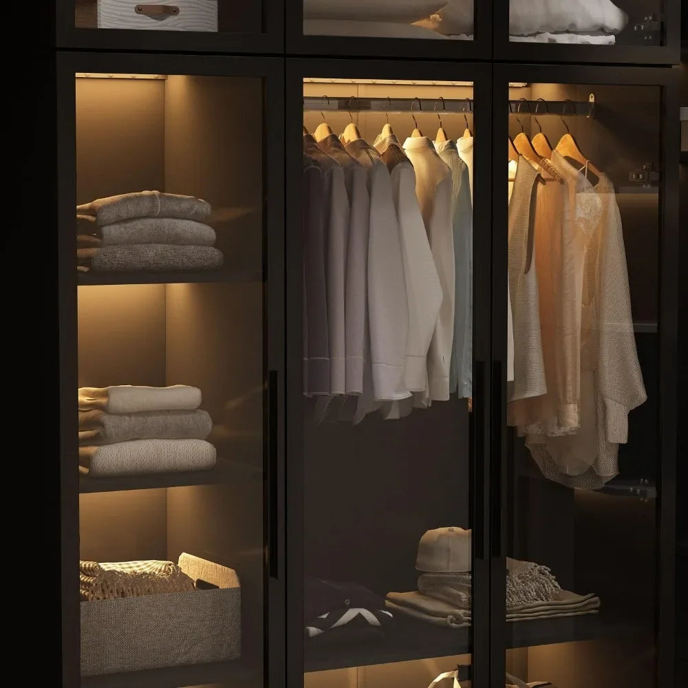 Glass Wardrobe Closet with Lights, Amoire Wardrobe with Glass Doors and Shelves, Armoire Wardrobe Closet with Hanging Rod