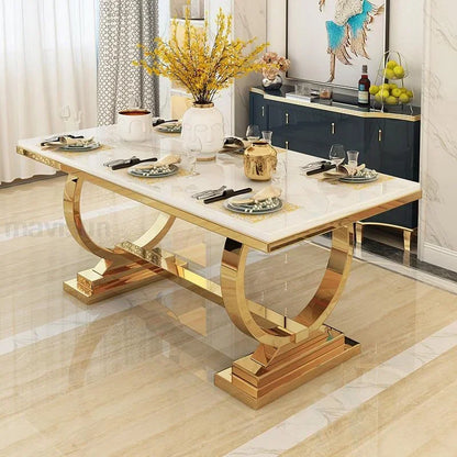 Golden Luxury Kitchen Table Marble Modern Rectangle Stable Gold Plated Stainless Steel Frame Dining Table Chairs Combination