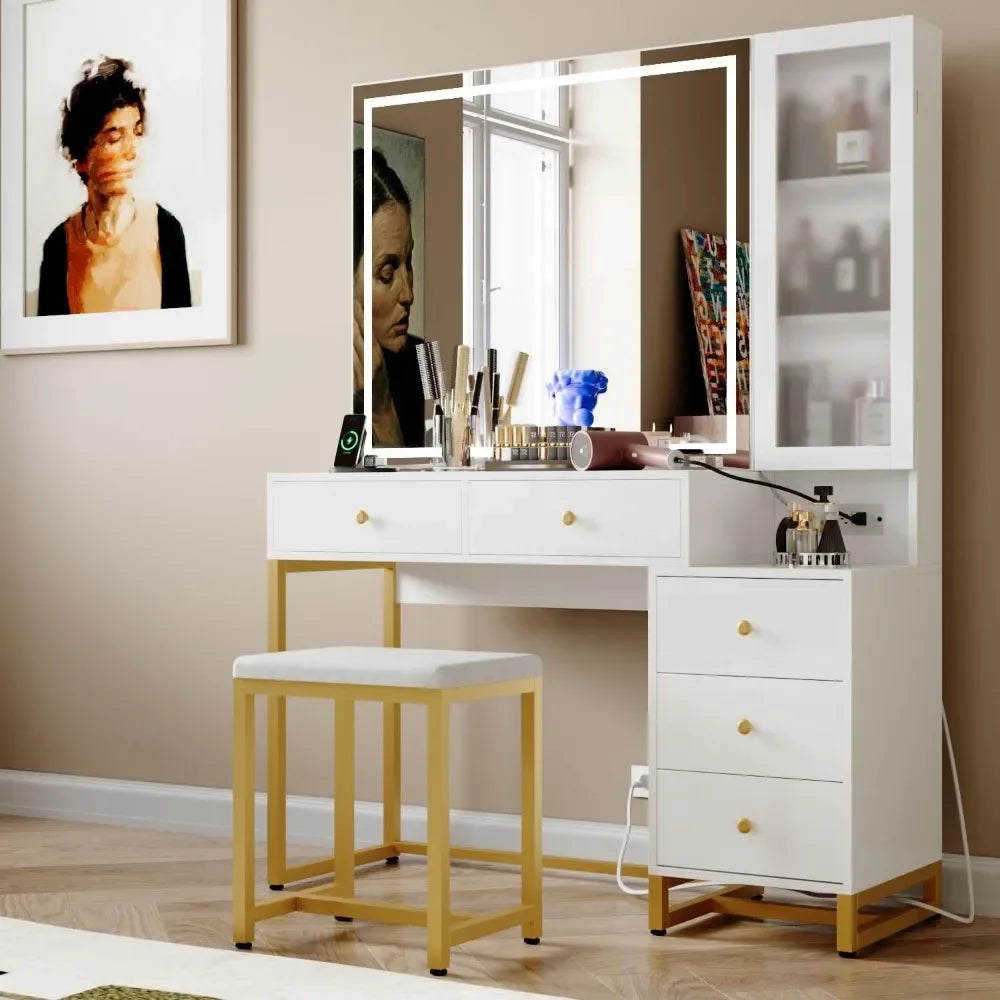 Vanity Set With Lighted Mirror and Charging Station 5 Drawers Drawer 5 Stage Large Modern Vanity Table With Nightstand Dresser