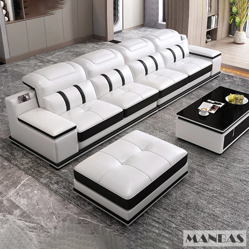 Modern Genuine Leather Sofa Living Room By MANBAS - Stylish Italian Couch with Bluetooth Speaker, USB & Adjustable Headrests