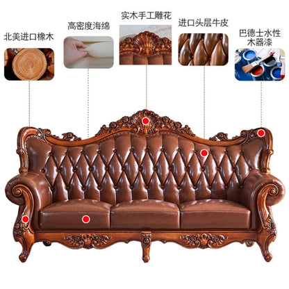 European Luxury Genuine Leather Living Room Sofa Set with Solid Wood Carvings Villa 123 Combination Furniture Top Grain Cowhide