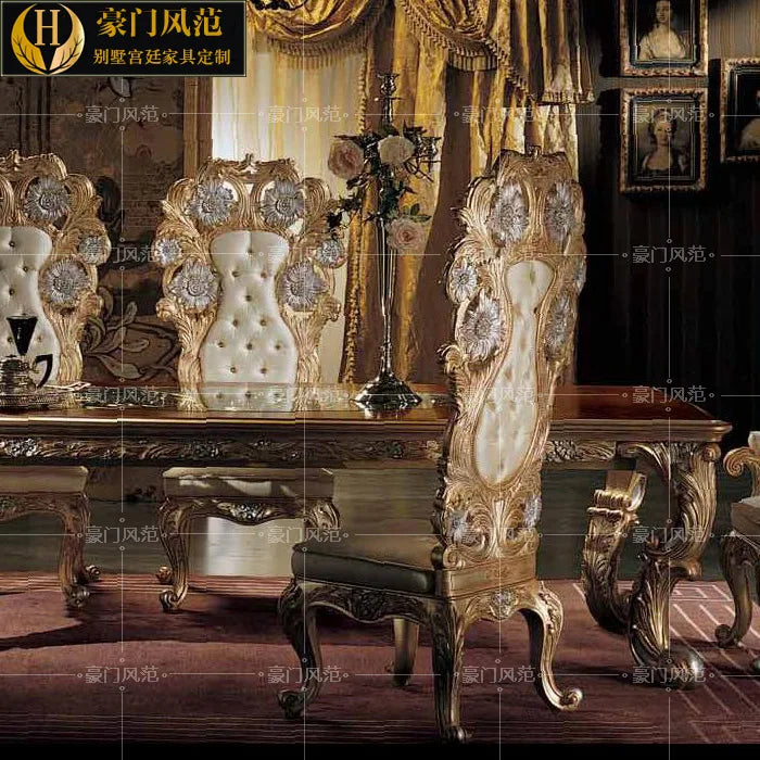 French log carving table and chair combination European court luxury gold foil rectangular table high-end furniture