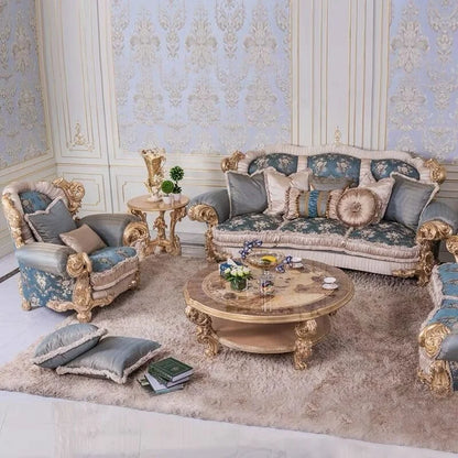 French Palace Style Gold Classic Royal Sofa Set Luxury Living Room Furniture Blue Embroidered Fabric Complete Set of Furniture