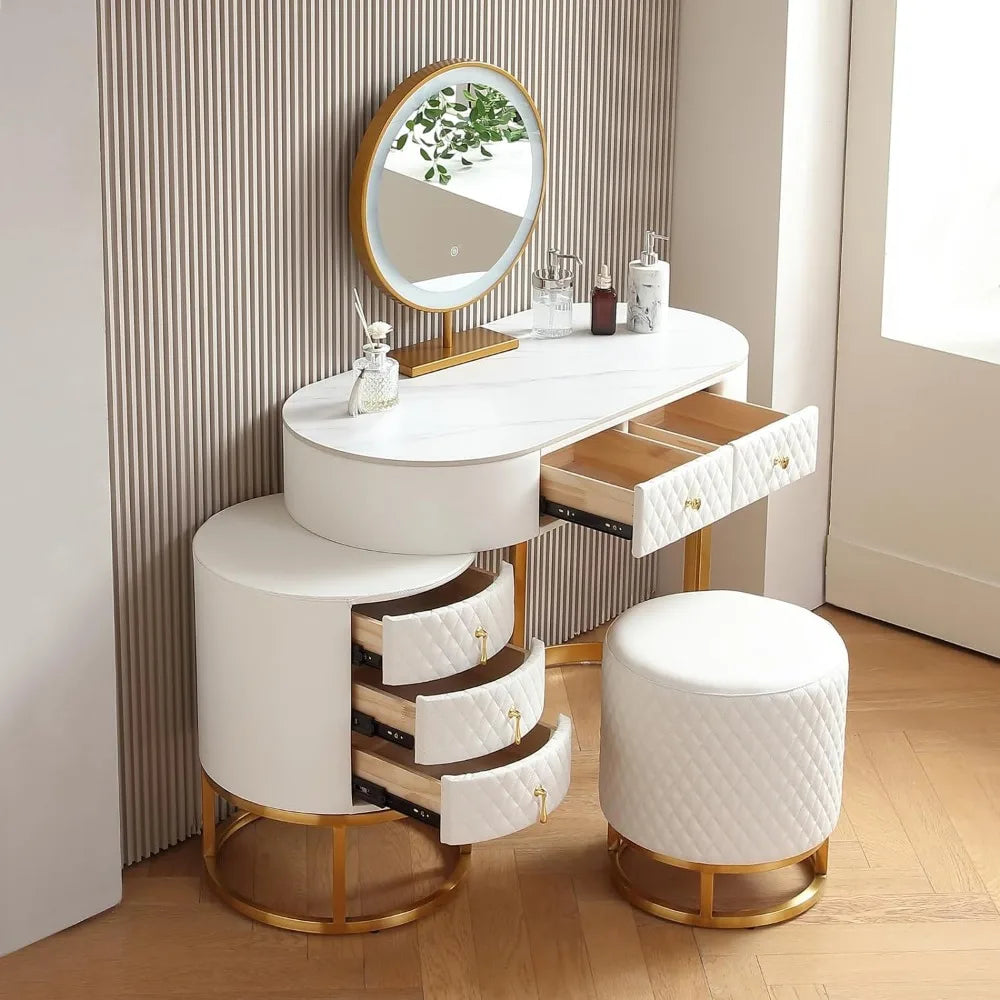 Faux Leather Vanity Desk with Mirror Makeup Table with Drawers & Vanity Stool, White Dressers