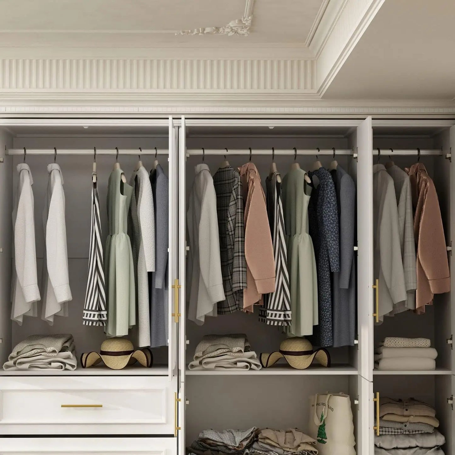 Large Armoire Wardrobe Closet System with Drawers & Hanging Rods, Wardrobe Armoire with Gold Metal Handles