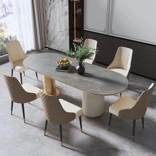 Light Luxury Modern Dining Tables Oval Rock Plate Chair Combination Mobil Simple Nordic Muebles Para Hogar French Furniture