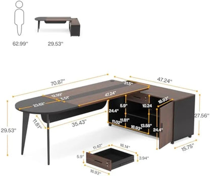 70.9'' Executive Desk with Power Outlet & Drawer Cabinet, Large L-Shaped Home Office w/ Storage Shelves, Modern Computer Desk