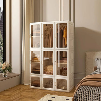 Portable wardrobe closet for living room, bedroom, plastic wardrobe with magnetic transparent door, 8 cubes and 2 booms