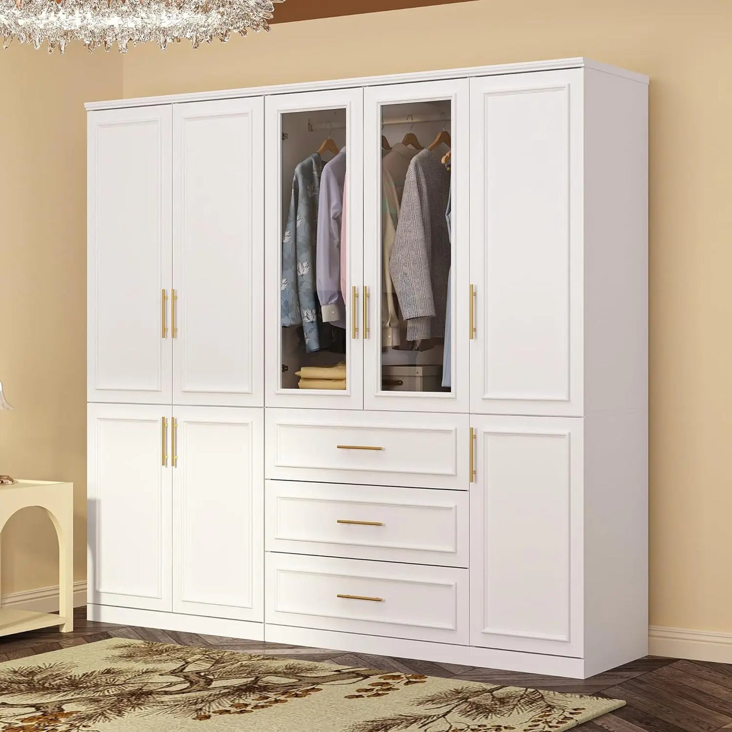 Extra Wide Wardrobe Armoire with 2/4/8 Doors,Drawers,Storage Shelves & Hanging Rods,Wooden Closet Cabinet for Bedroom,White