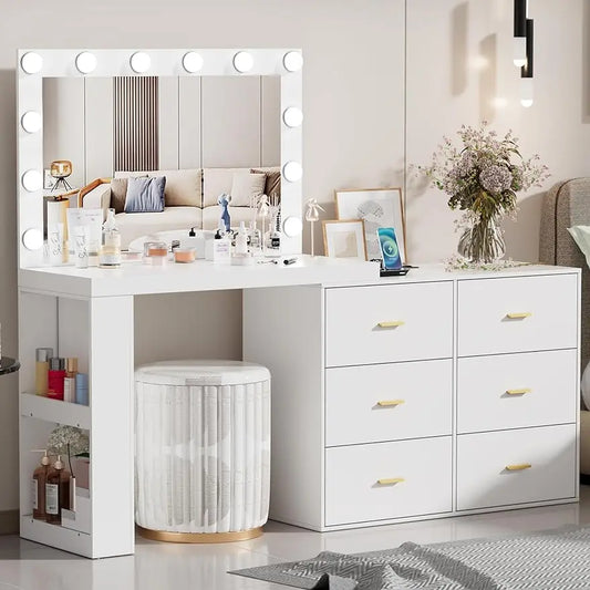 Makeup Vanity Desk with Mirror and 3-Color Lights, Corner Vanity Dressing Table with Charging Station,6 Drawers,Side 2 Storage S