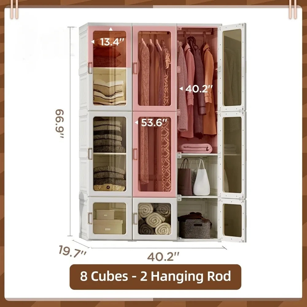 Portable Wardrobe Closet Storage Organizer,Plastic Wardrobe with Magnetic Transparent Door and Easy Assembly Cubes & Hanging Rod