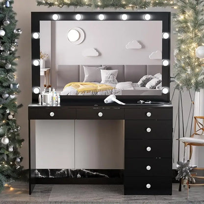 Modern Makeup Vanity Desk with Lights, 7 Drawers, Mirror, Glass Top , Crystal Ball, New Built-in Lights Version - Black