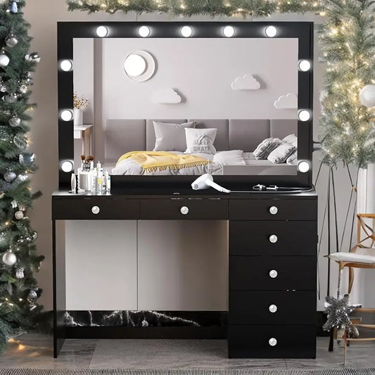 Modern Makeup Vanity Desk with Lights, 7 Drawers, Mirror, Glass Top , Crystal Ball, New Built-in Lights Version - Black