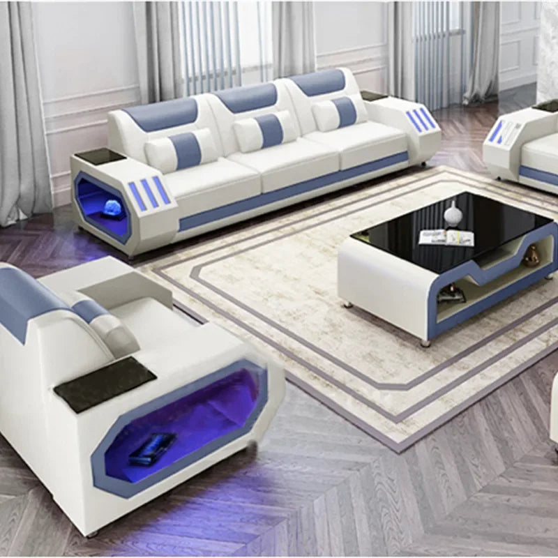 High Quality Modern Luxury smart Leather Sectional Sofa Chairs Set Couch Living Room furniture Sofas With Led