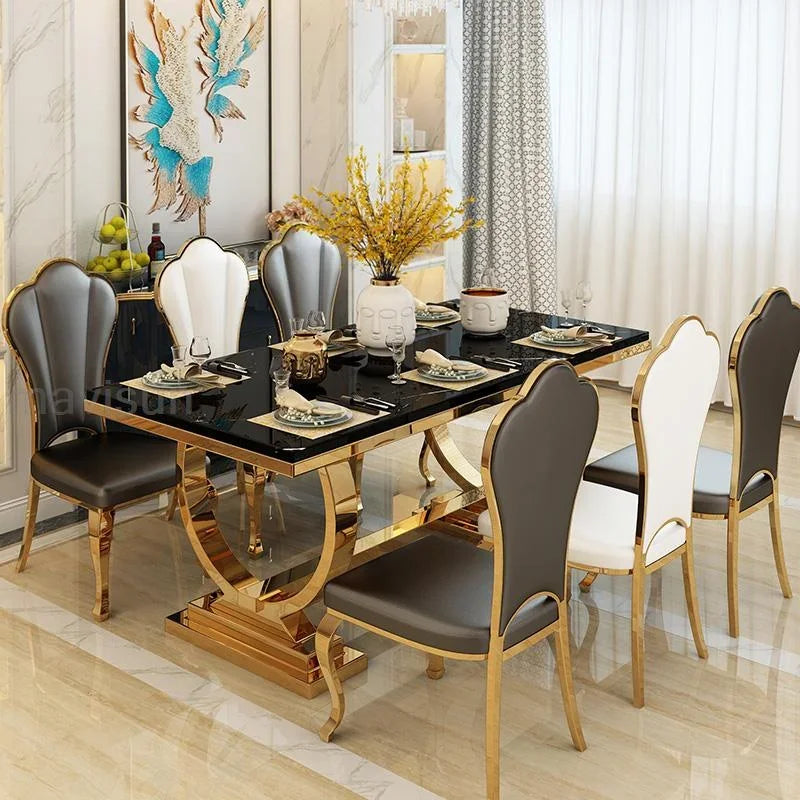 Black Luxury Kitchen Table Dining Room Marble Rectangle Stable Gold Stainless Steel Frame Dining Table and Chairs Combination