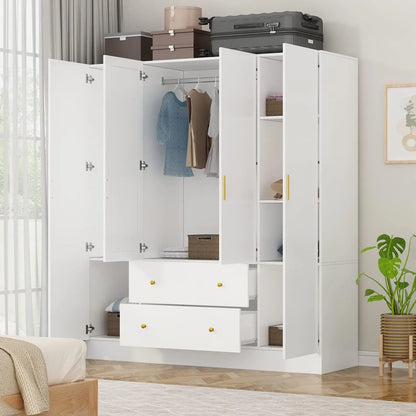 Wardrobe Armoire w/Mirror,5-Tier Shelves,2 Drawers,2 Hanging Rods &4 Doors,Wooden Closet Storage Cabinet for Bedroom,White/Brown