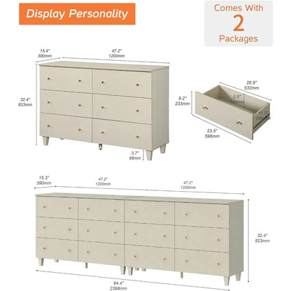 Set of 2 Bedroom Dressers with 12 Drawers, 2-in-1 Wide Chest of Drawers, Modern Storage Organizer with Solid Wood Legs, Beige