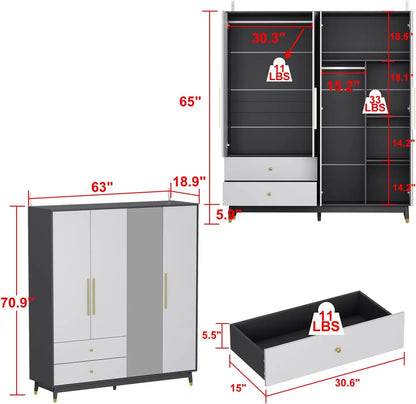 4 Door Wardrobe Armoire Closet with Mirror Door, Wooden Large Cabinet with 2 Drawers & 2 Hanging Rod, Wide Clothes Organizer,