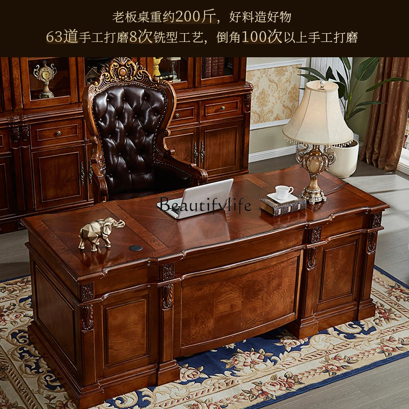 American Retro Desk Villa High-End Study Desk European Solid Wood Boss Desk