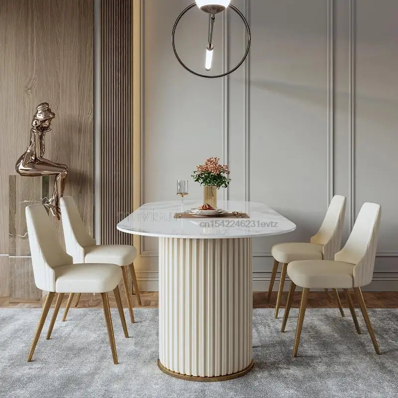 Oval Dining Table Set Concise Design Golden Stand Luxury Furniture Glossy Rock Board Home Decor Ivory Kitchen Table And Chairs