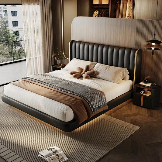 2024 new Suspended bed leather light luxury master bedroom marriage bed, modern simple double bed  piano key soft bed