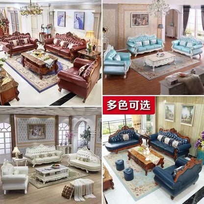 European Ivory White Leather Sofa Luxury Villa Oak Carved Furniture 123 Combination Royal Concubine Chair Gold Painting Luxury