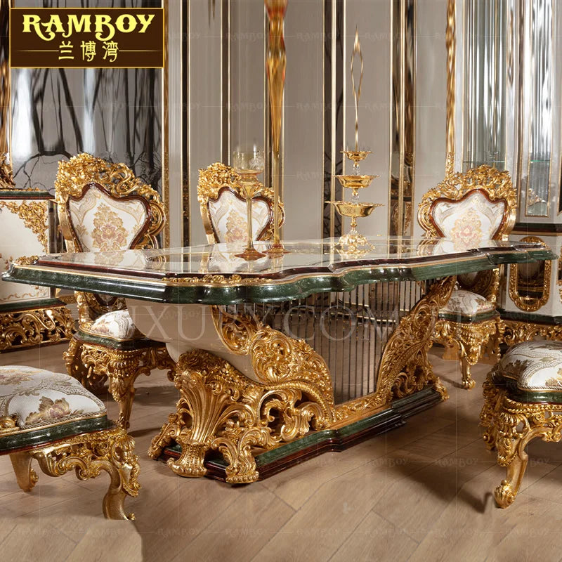 European solid wood carved luxury dining tables and chairs French palace villa luxury gold foil painted table customization