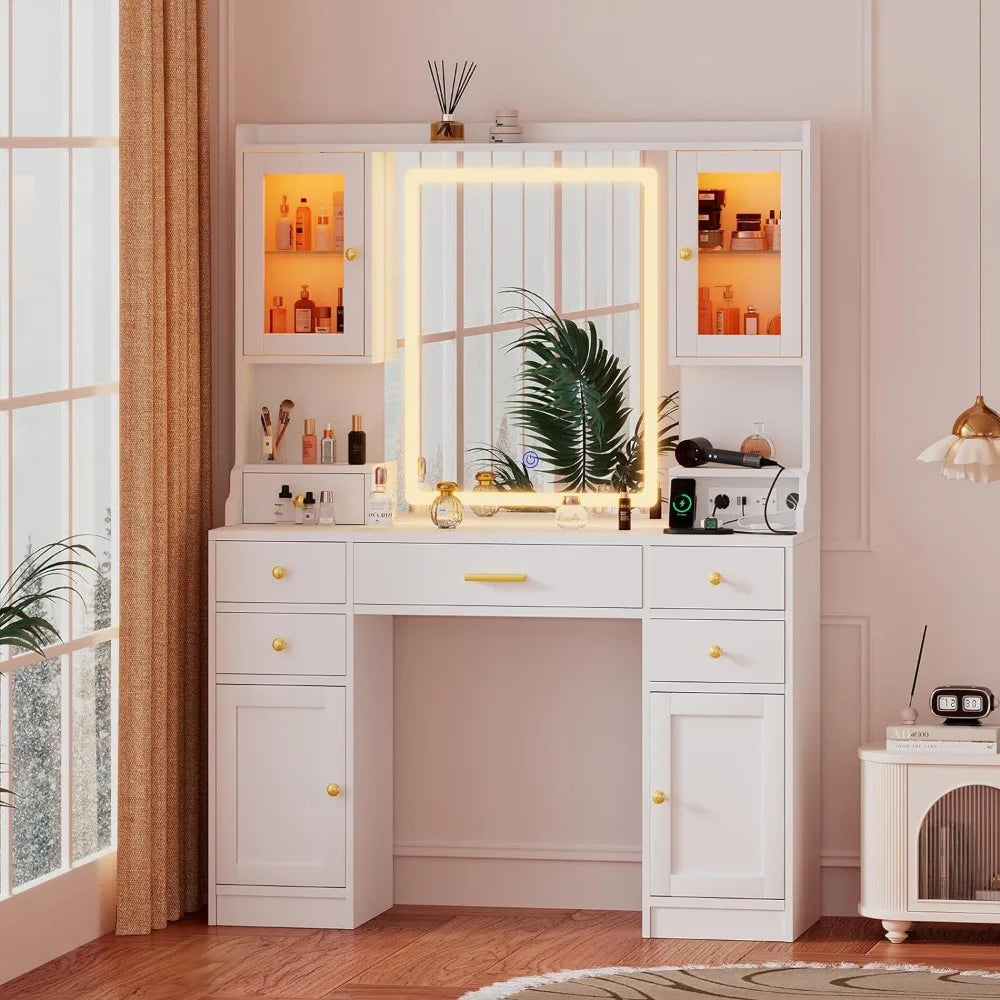 White Large Vanity Desk with Mirror,Lights and Charging Station,Make up Vanity Mirror with 3 Lights Mode