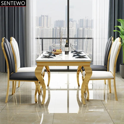 Popular Luxury Marble Kitchen Dining Table 8 Dinner Chairs Set Stainless Steel Gold Frame Dinner Tables Chair Stolik Esstische