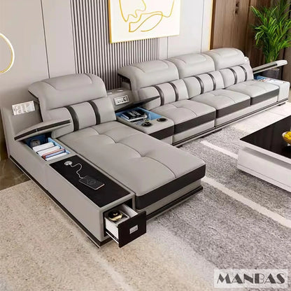 Modern Genuine Leather Sofa Living Room By MANBAS - Stylish Italian Couch with Bluetooth Speaker, USB & Adjustable Headrests